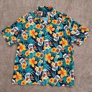 Miller Lite Mens Button Up Shirt Large Navy Tropical Floral Beer Can Print Short